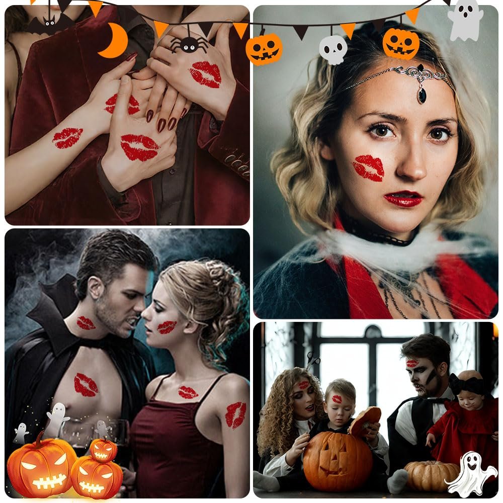 12 Sheets Kiss Tattoos Temporary Stickers - 108 Pcs Red Kiss Lip Print Waterproof Fake Tattoo for Women Girls Kids Face Body Halloween Valentine Gifts, Vampire Makeup, Party Favors - görsel 7
