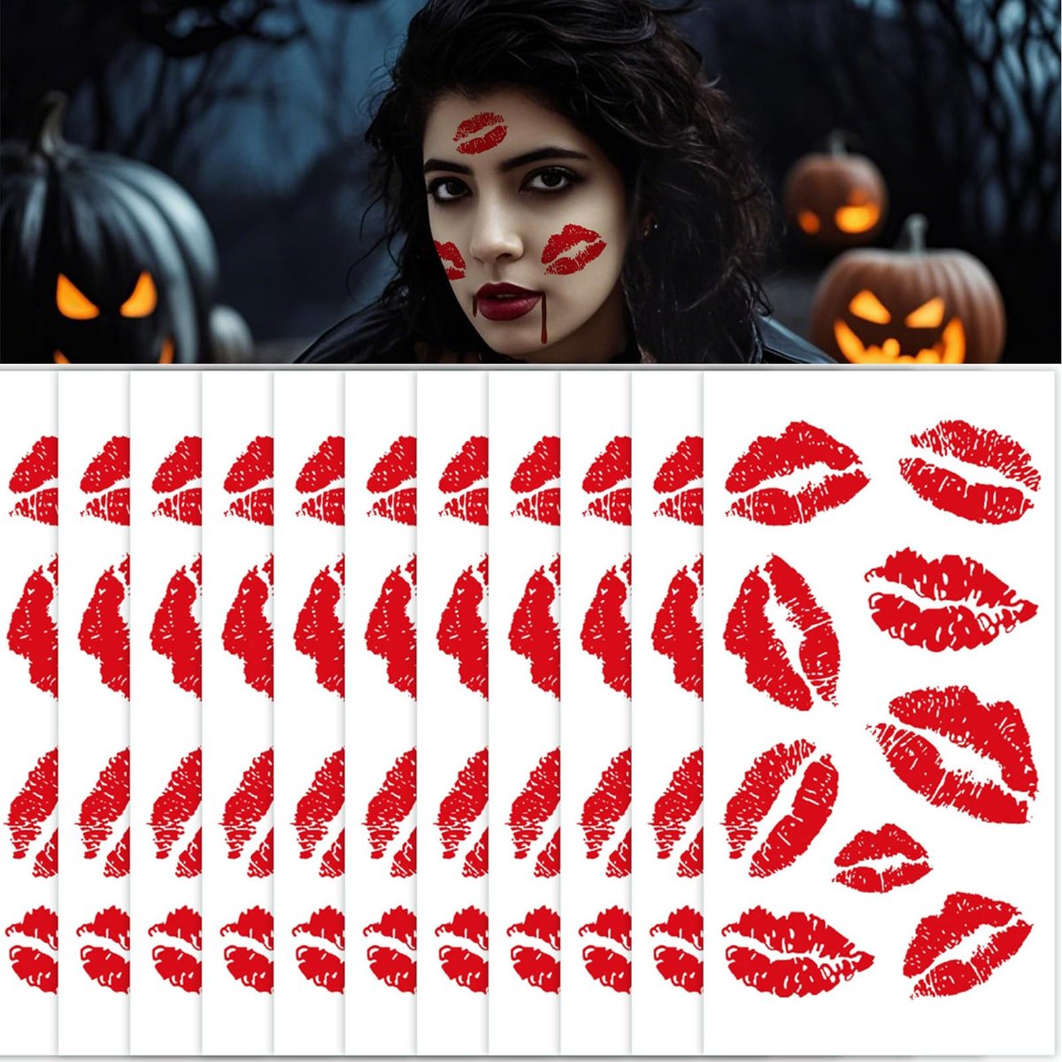 12 Sheets Kiss Tattoos Temporary Stickers - 108 Pcs Red Kiss Lip Print Waterproof Fake Tattoo for Women Girls Kids Face Body Halloween Valentine Gifts, Vampire Makeup, Party Favors - görsel 1