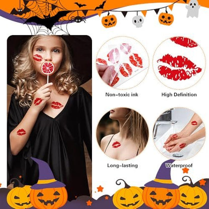 12 Sheets Kiss Tattoos Temporary Stickers - 108 Pcs Red Kiss Lip Print Waterproof Fake Tattoo for Women Girls Kids Face Body Halloween Valentine Gifts, Vampire Makeup, Party Favors