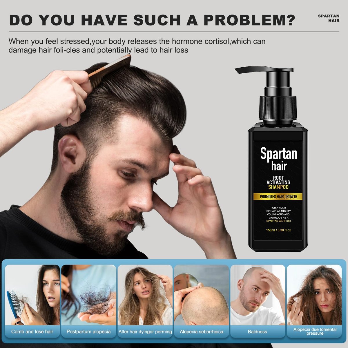 SPARTAN HAIR Strengthening & Smoothing Shampoo for Men – Adds Volume, Nourishes Thinning & Gray Hair (5.07 Fl Oz) Avelisse