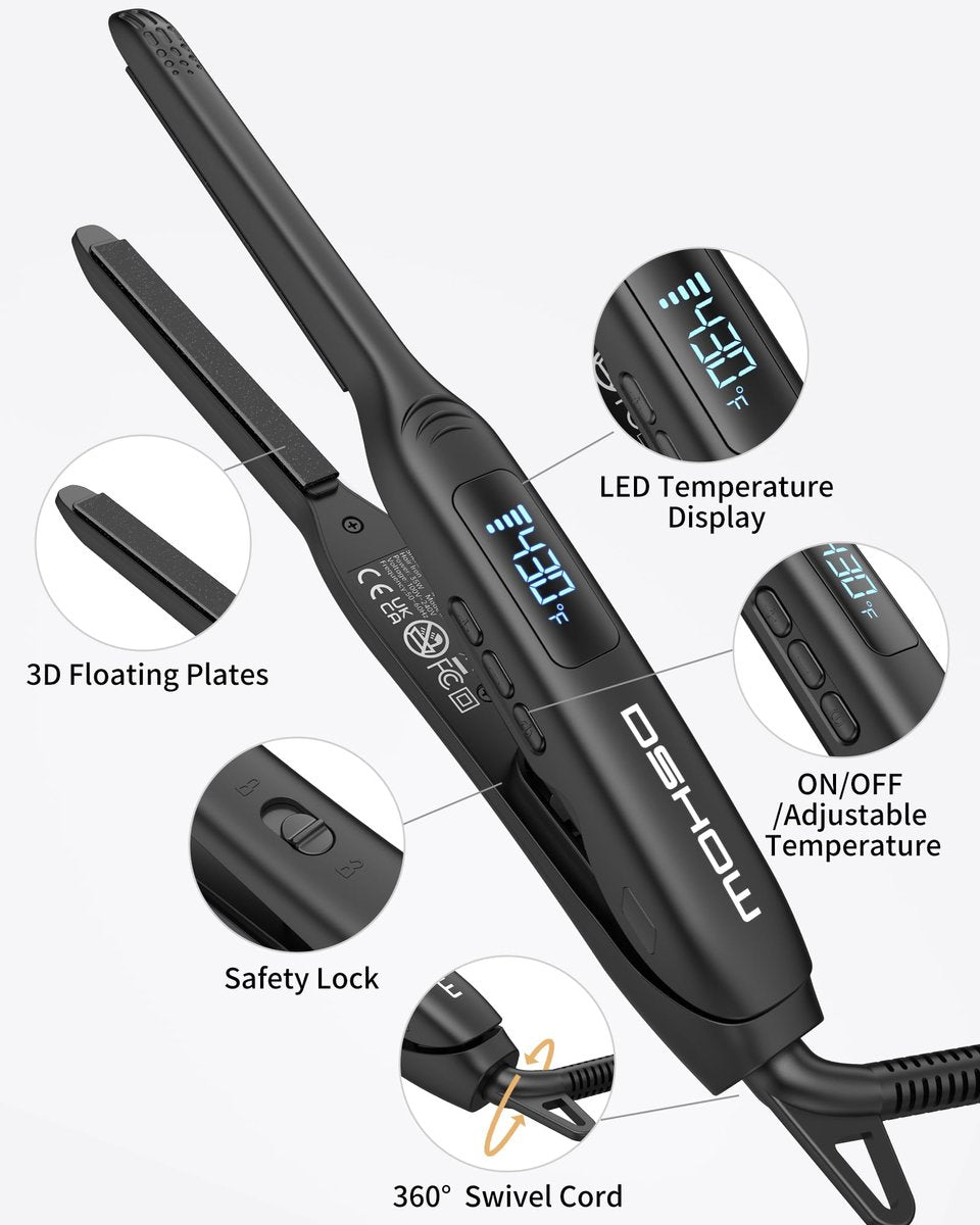 DSHOW Small Flat Iron for Short Hair – 3/10" Pencil Flat Iron, Mini Hair Straightener for Pixie Cuts & Bangs, LED Display, Adjustable Temperature, Auto Shut Off Avelisse