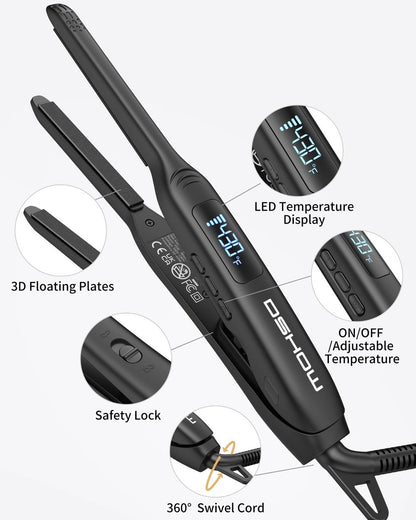 DSHOW Small Flat Iron for Short Hair – 3/10" Pencil Flat Iron, Mini Hair Straightener for Pixie Cuts & Bangs, LED Display, Adjustable Temperature, Auto Shut Off Avelisse