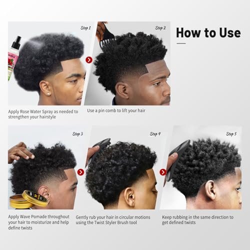 Wave Pomade Twist Sponge Brush & Twist Styler Comb for Black Men – Washable Afro Curl Sponge Racket for Barbers & Daily Use, Ideal for Curly, Coiled, 4C Hair – Includes Hair Pick Comb & Rose Water Spray Set Avelisse