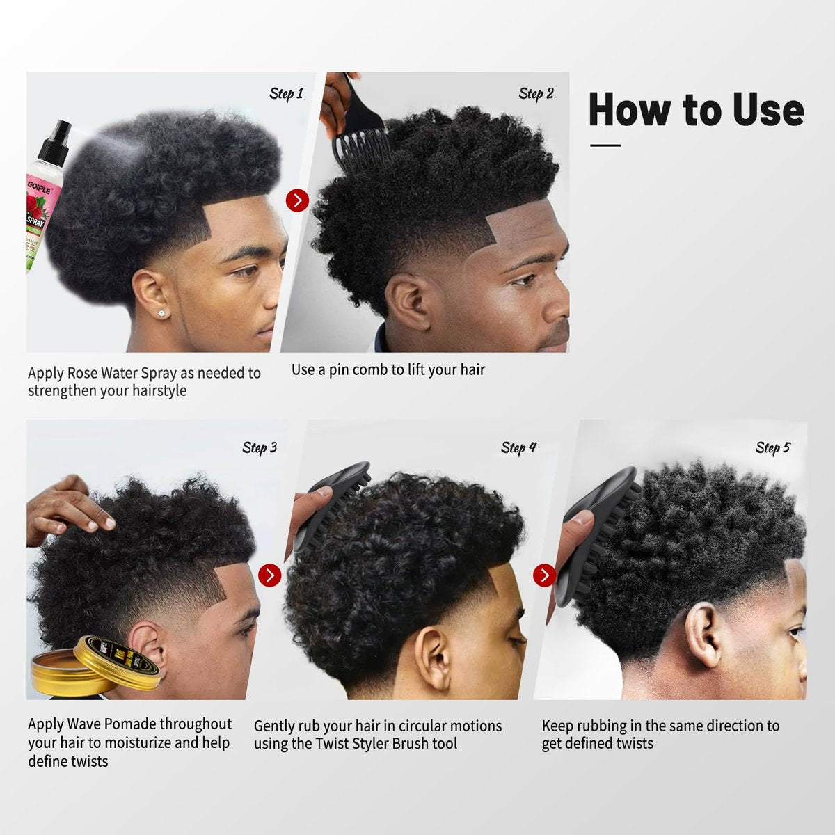 Wave Pomade Twist Sponge Brush & Twist Styler Comb for Black Men – Washable Afro Curl Sponge Racket for Barbers & Daily Use, Ideal for Curly, Coiled, 4C Hair – Includes Hair Pick Comb & Rose Water Spray Set Avelisse