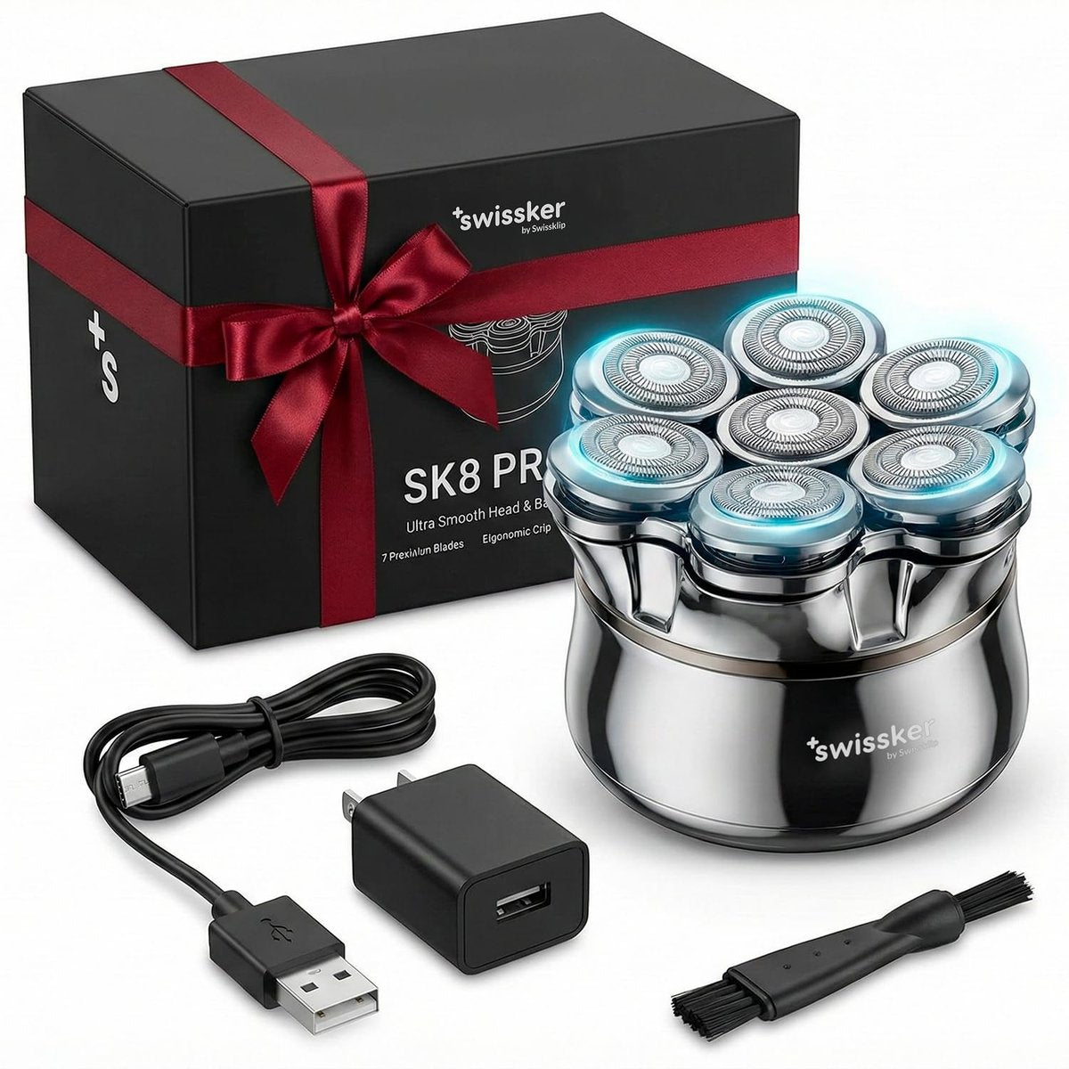 Swissker by Swissklip SK8 PRO X Magnetic Hair & Beard Shaver for Men - Rotary Head Shaver for Bald Men, USB C Charging Avelisse