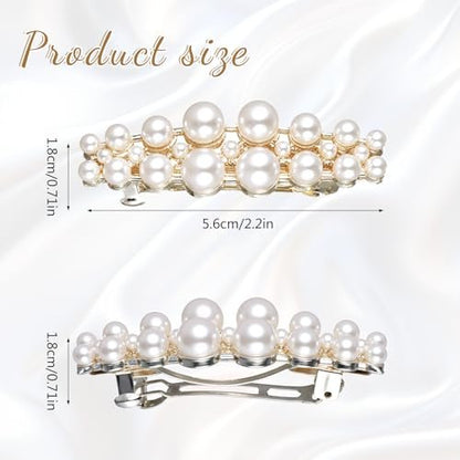 Shimmeroo 2Pcs Short Pearl Barrettes for Women - Classic Small Pearl Hair Clips, French Bridal Hair Pins for Party Wedding Fancy Barrettes (Gold, 2.2 Inch)