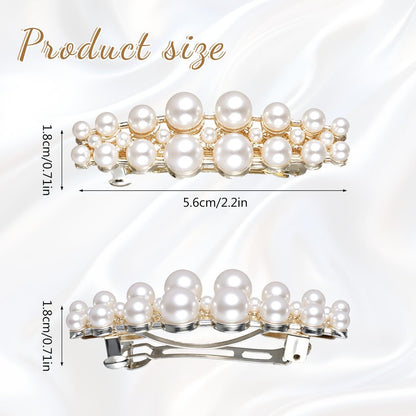Shimmeroo 2Pcs Short Pearl Barrettes for Women - Classic Small Pearl Hair Clips, French Bridal Hair Pins for Party Wedding Fancy Barrettes (Gold, 2.2 Inch)