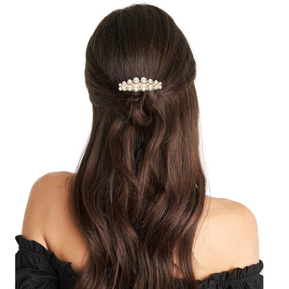 Shimmeroo 2Pcs Short Pearl Barrettes for Women - Classic Small Pearl Hair Clips, French Bridal Hair Pins for Party Wedding Fancy Barrettes (Gold, 2.2 Inch)