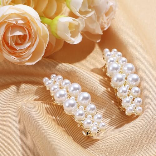 Shimmeroo 2Pcs Short Pearl Barrettes for Women - Classic Small Pearl Hair Clips, French Bridal Hair Pins for Party Wedding Fancy Barrettes (Gold, 2.2 Inch) - görsel 14