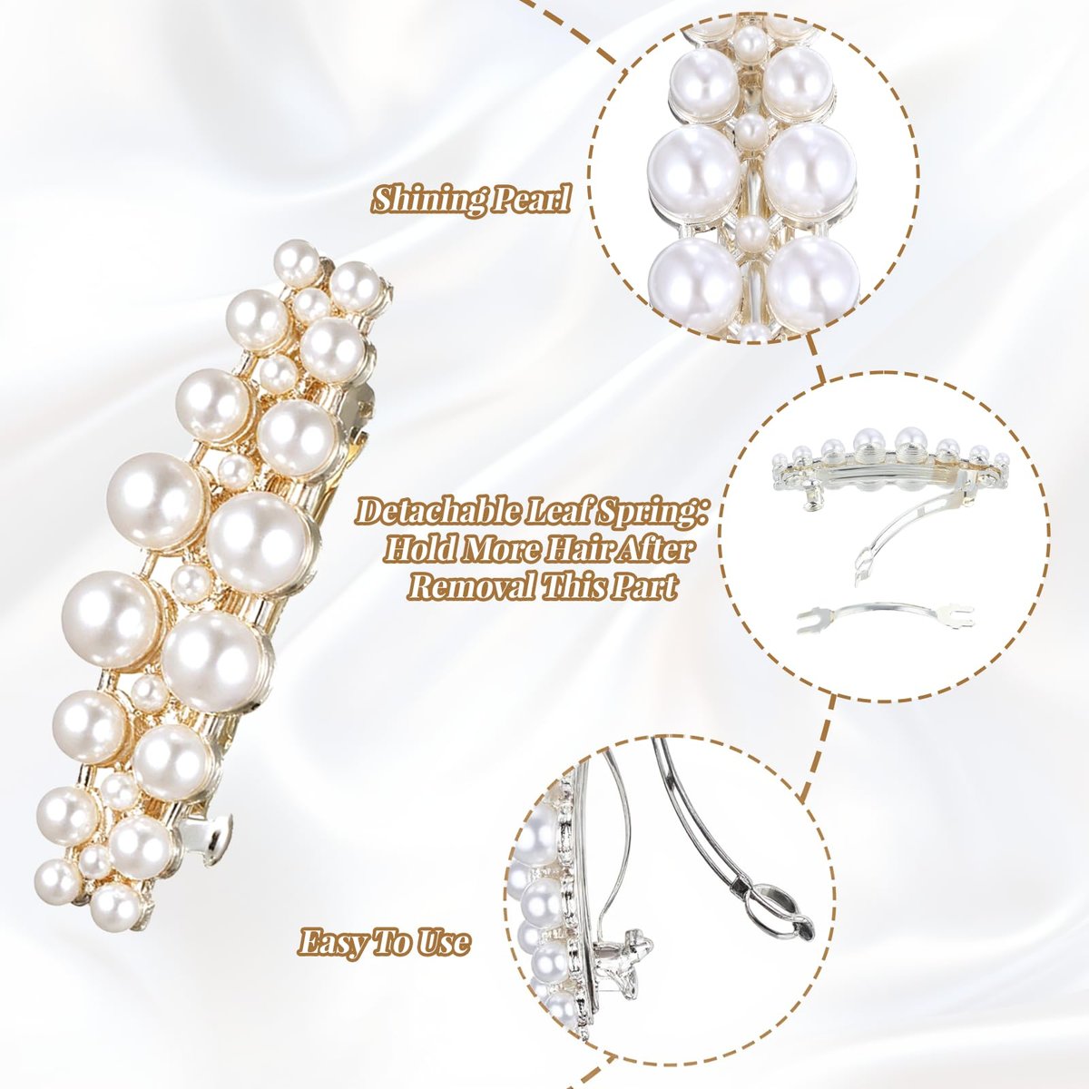 Shimmeroo 2Pcs Short Pearl Barrettes for Women - Classic Small Pearl Hair Clips, French Bridal Hair Pins for Party Wedding Fancy Barrettes (Gold, 2.2 Inch) - görsel 5