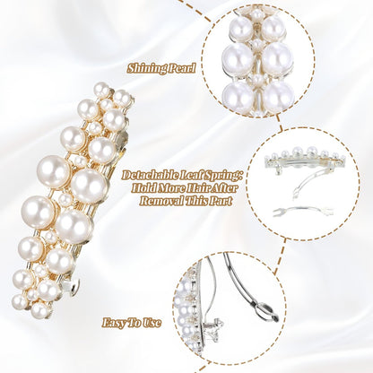 Shimmeroo 2Pcs Short Pearl Barrettes for Women - Classic Small Pearl Hair Clips, French Bridal Hair Pins for Party Wedding Fancy Barrettes (Gold, 2.2 Inch)