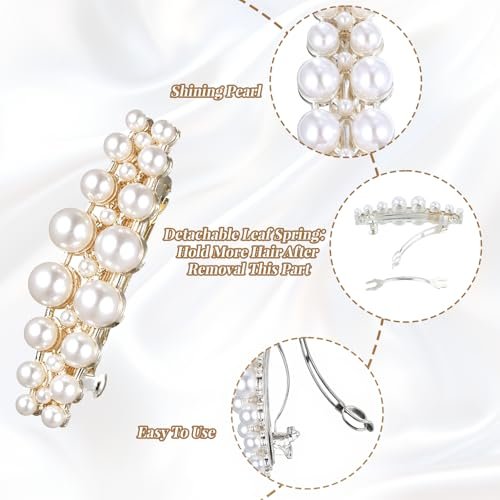 Shimmeroo 2Pcs Short Pearl Barrettes for Women - Classic Small Pearl Hair Clips, French Bridal Hair Pins for Party Wedding Fancy Barrettes (Gold, 2.2 Inch) - görsel 6