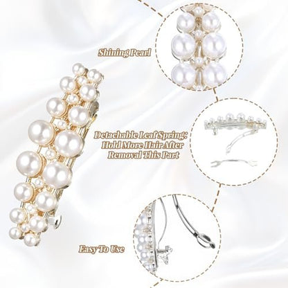 Shimmeroo 2Pcs Short Pearl Barrettes for Women - Classic Small Pearl Hair Clips, French Bridal Hair Pins for Party Wedding Fancy Barrettes (Gold, 2.2 Inch)