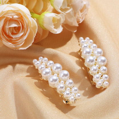 Shimmeroo 2Pcs Short Pearl Barrettes for Women - Classic Small Pearl Hair Clips, French Bridal Hair Pins for Party Wedding Fancy Barrettes (Gold, 2.2 Inch)