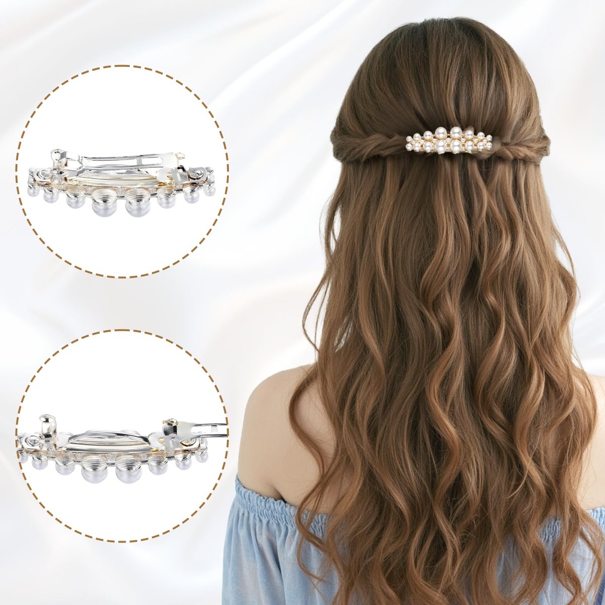 Shimmeroo 2Pcs Short Pearl Barrettes for Women - Classic Small Pearl Hair Clips, French Bridal Hair Pins for Party Wedding Fancy Barrettes (Gold, 2.2 Inch) - görsel 7