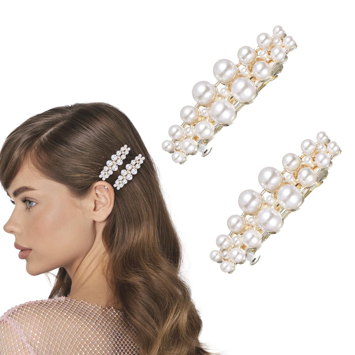 Shimmeroo 2Pcs Short Pearl Barrettes for Women - Classic Small Pearl Hair Clips, French Bridal Hair Pins for Party Wedding Fancy Barrettes (Gold, 2.2 Inch) - görsel 1