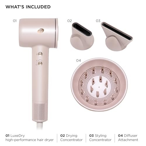 T3 LuxeDry High-Performance Hair Dryer Set with Drying Concentrator, Styling Concentrator & Diffuser Attachments – Fast, Powerful Drying & Styling for All Hair Types (Satin Blush) Avelisse