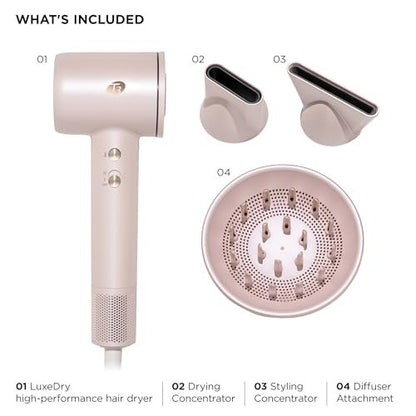 T3 LuxeDry High-Performance Hair Dryer Set with Drying Concentrator, Styling Concentrator & Diffuser Attachments – Fast, Powerful Drying & Styling for All Hair Types (Satin Blush) Avelisse