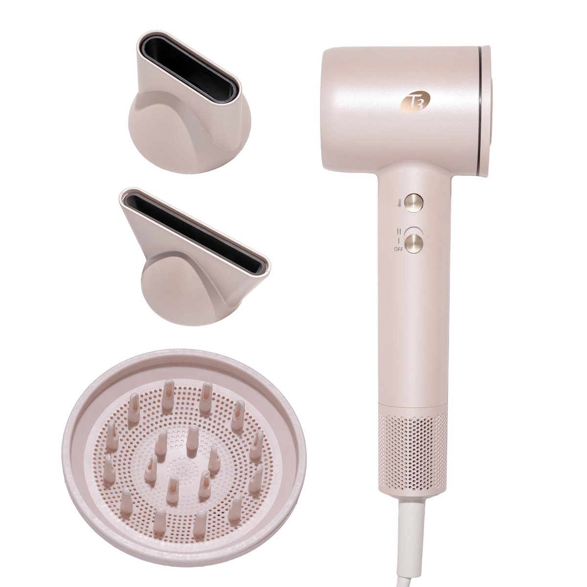 T3 LuxeDry High-Performance Hair Dryer Set with Drying Concentrator, Styling Concentrator & Diffuser Attachments – Fast, Powerful Drying & Styling for All Hair Types (Satin Blush) Avelisse