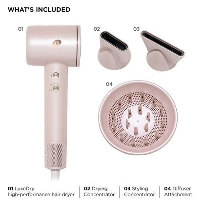 T3 LuxeDry High-Performance Hair Dryer Set with Drying Concentrator, Styling Concentrator & Diffuser Attachments – Fast, Powerful Drying & Styling for All Hair Types (Satin Blush) Avelisse