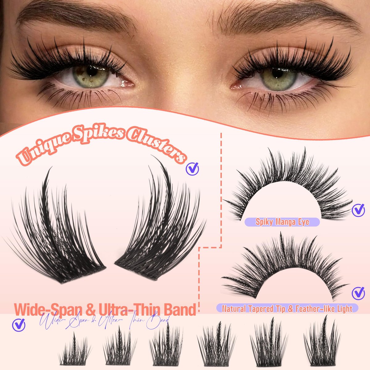 Spikes Lash Clusters Natural Eyelash Clusters Wispy Manga Lash Extension Unique Spiky Cluster Eyelash Extensions Anime Individuals Fairy Cluster Lashes 8-18mm 144Pcs DIY at Home - görsel 3