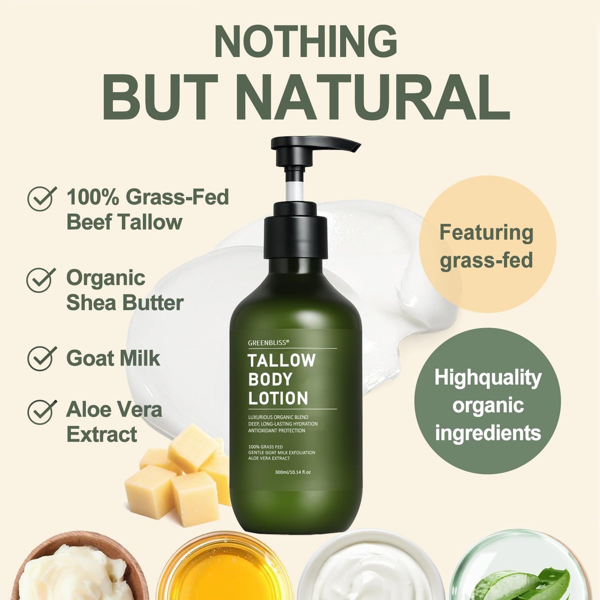 Grass-Fed Beef Tallow Body Lotion for Dry, Mature & Crepey Skin – Vanilla, 10.14 oz Avelisse