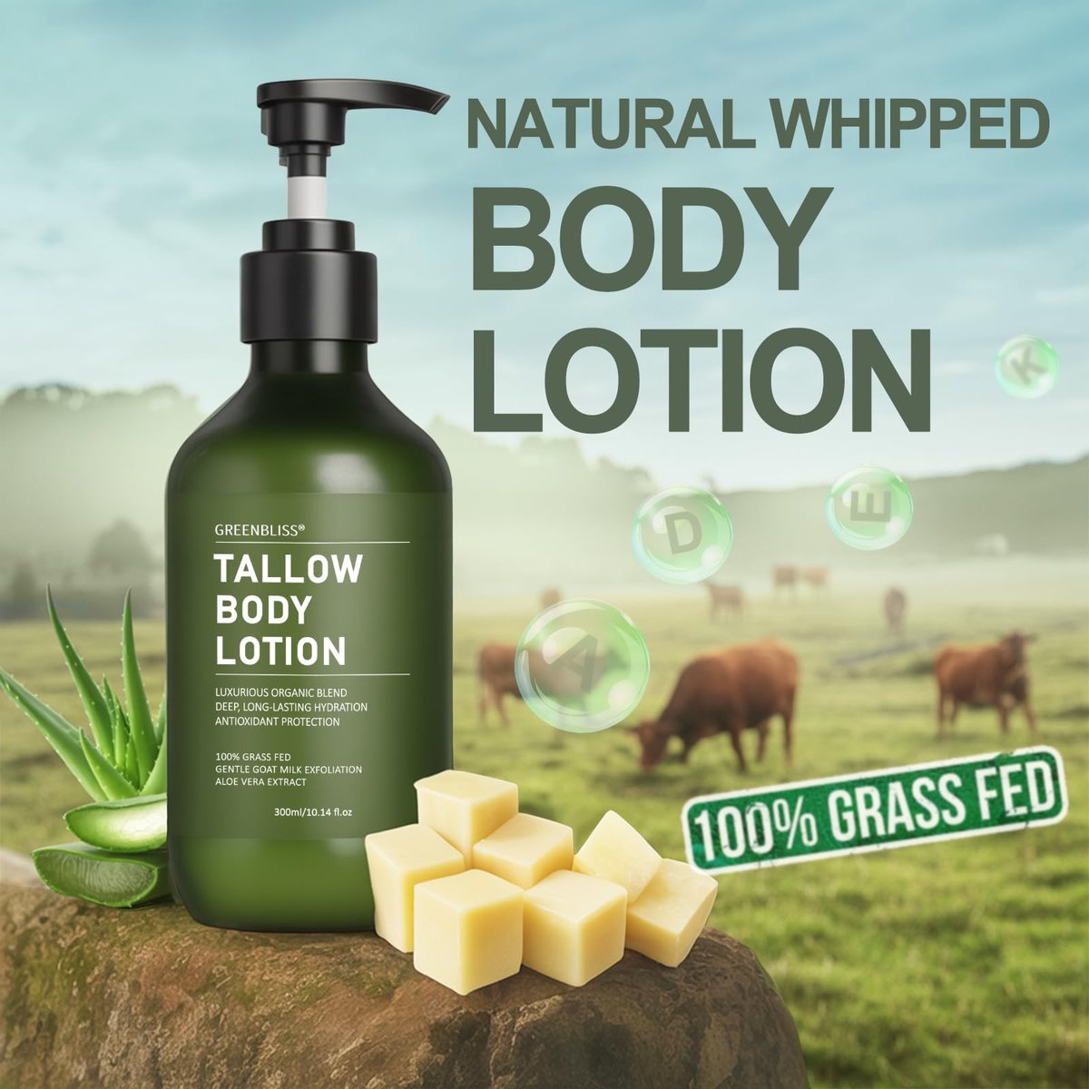 Grass-Fed Beef Tallow Body Lotion for Dry, Mature & Crepey Skin – Vanilla, 10.14 oz Avelisse