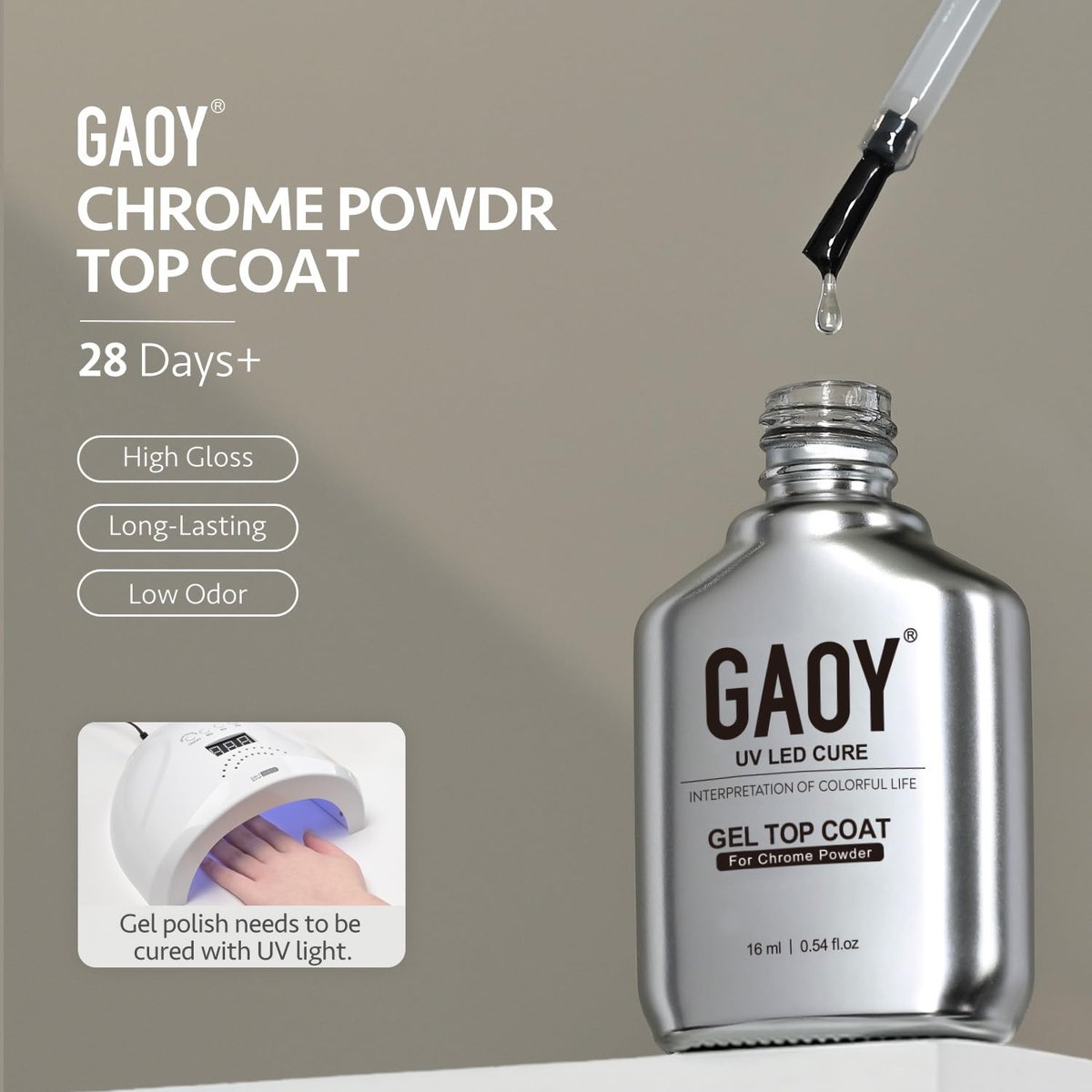 GAOY Gel Top Coat for Chrome Powder – Clear No Wipe UV Top Coat for Flawless Chrome Finish, 16ml - görsel 9