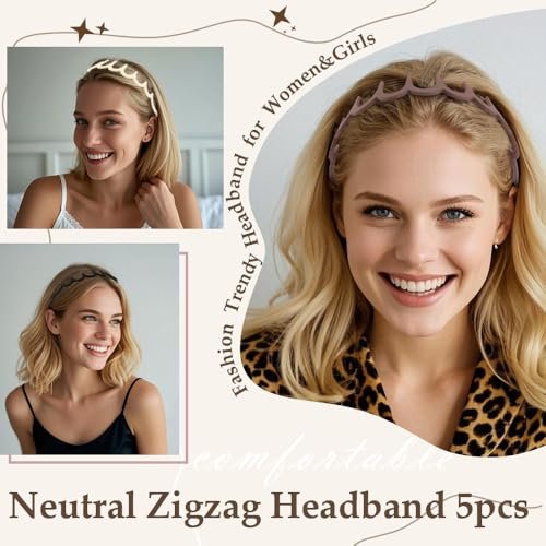 Aprince Zigzag Headbands 5-Pack - Neutral Matte Plastic Non-Slip Wavy Hairbands for Women & Men, U-Shape Reversible Retro 90s Comb Headband Avelisse