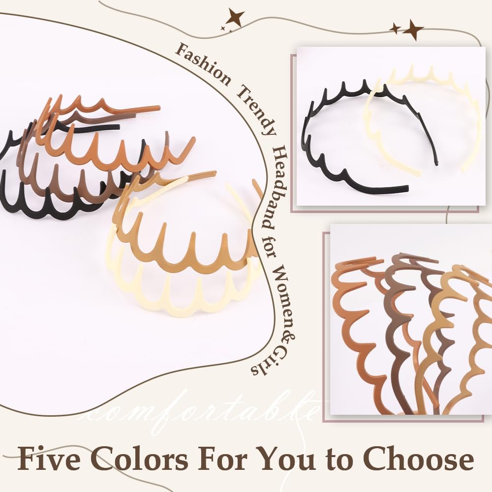 Aprince Zigzag Headbands 5-Pack - Neutral Matte Plastic Non-Slip Wavy Hairbands for Women & Men, U-Shape Reversible Retro 90s Comb Headband Avelisse