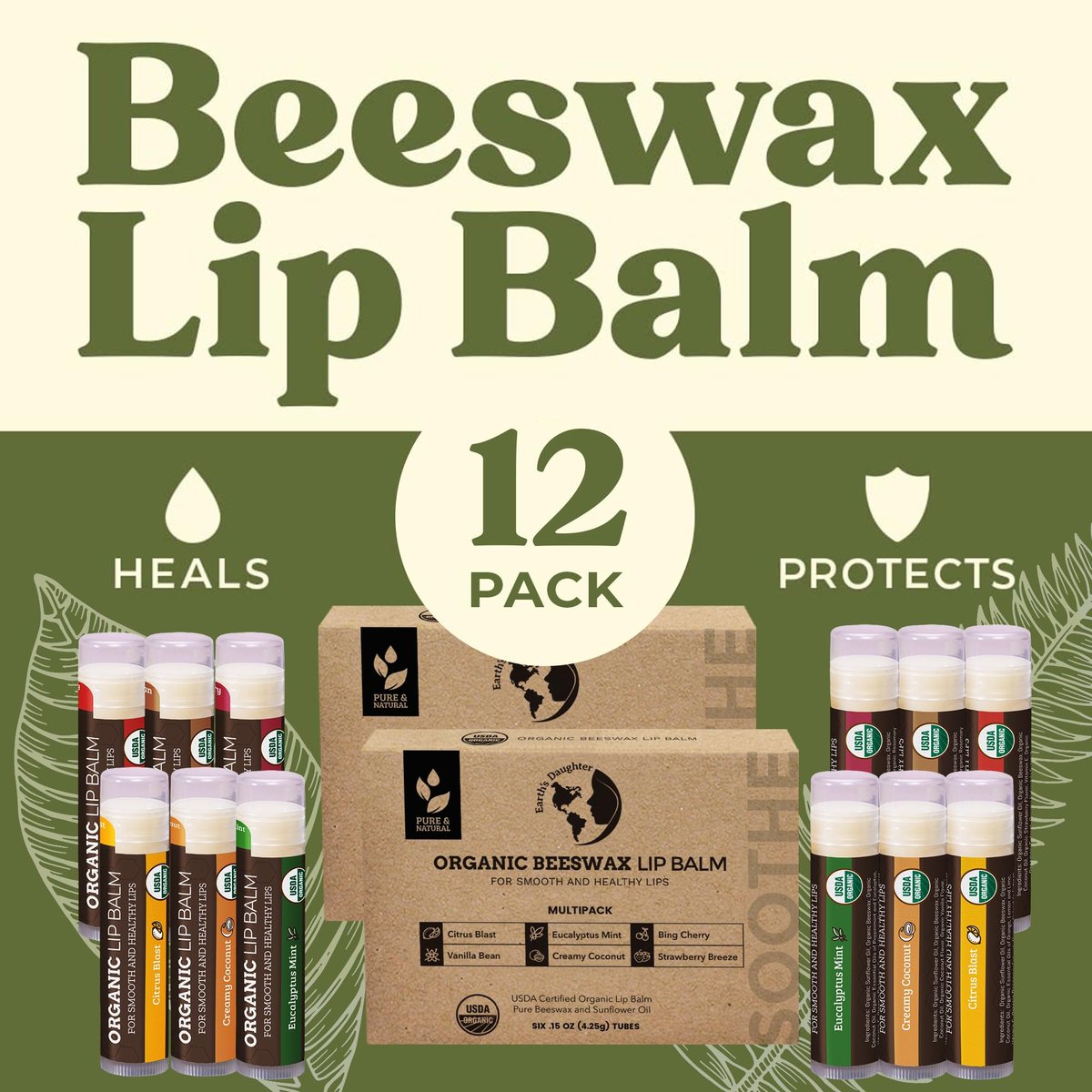 Earth's Daughter USDA Organic Lip Balm 12-Pack (2x 6-Packs) - Fruit Flavors, Beeswax, Coconut Oil, Vitamin E - Best Lip Repair Chapstick for Dry Cracked Lips - Moisturizing Lip Care Avelisse