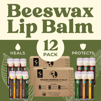 Earth's Daughter USDA Organic Lip Balm 12-Pack (2x 6-Packs) - Fruit Flavors, Beeswax, Coconut Oil, Vitamin E - Best Lip Repair Chapstick for Dry Cracked Lips - Moisturizing Lip Care Avelisse