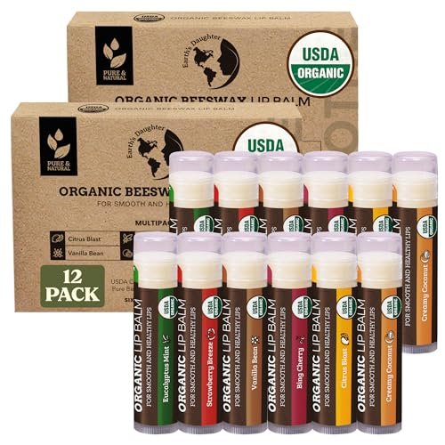 Earth's Daughter USDA Organic Lip Balm 12-Pack (2x 6-Packs) - Fruit Flavors, Beeswax, Coconut Oil, Vitamin E - Best Lip Repair Chapstick for Dry Cracked Lips - Moisturizing Lip Care Avelisse