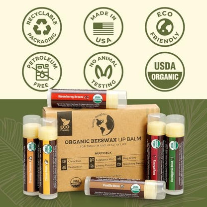 Earth's Daughter USDA Organic Lip Balm 12-Pack (2x 6-Packs) - Fruit Flavors, Beeswax, Coconut Oil, Vitamin E - Best Lip Repair Chapstick for Dry Cracked Lips - Moisturizing Lip Care Avelisse