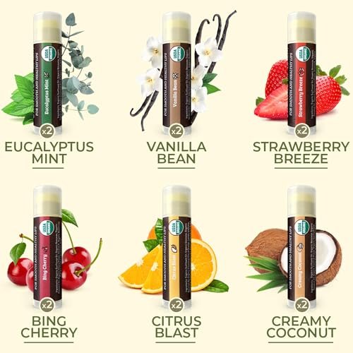 Earth's Daughter USDA Organic Lip Balm 12-Pack (2x 6-Packs) - Fruit Flavors, Beeswax, Coconut Oil, Vitamin E - Best Lip Repair Chapstick for Dry Cracked Lips - Moisturizing Lip Care Avelisse
