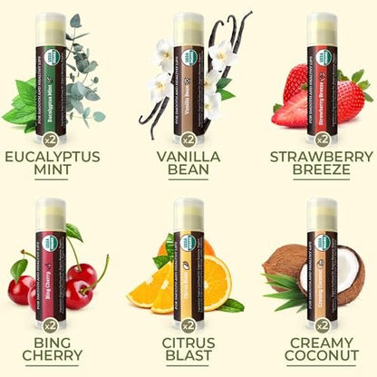 Earth's Daughter USDA Organic Lip Balm 12-Pack (2x 6-Packs) - Fruit Flavors, Beeswax, Coconut Oil, Vitamin E - Best Lip Repair Chapstick for Dry Cracked Lips - Moisturizing Lip Care Avelisse