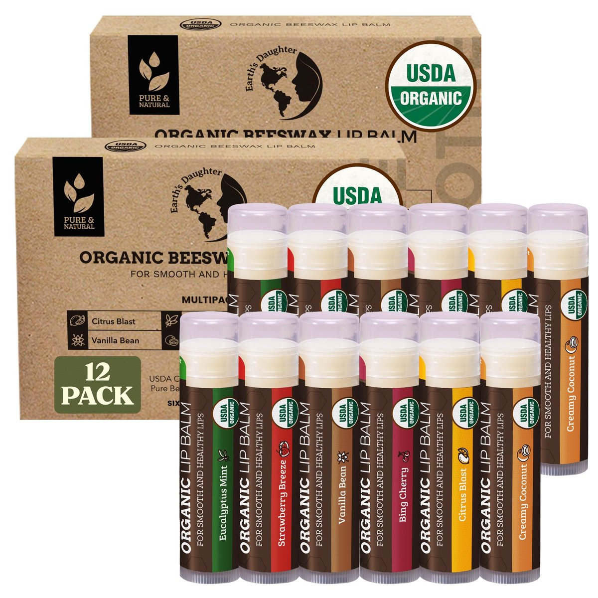 Earth's Daughter USDA Organic Lip Balm 12-Pack (2x 6-Packs) - Fruit Flavors, Beeswax, Coconut Oil, Vitamin E - Best Lip Repair Chapstick for Dry Cracked Lips - Moisturizing Lip Care Avelisse