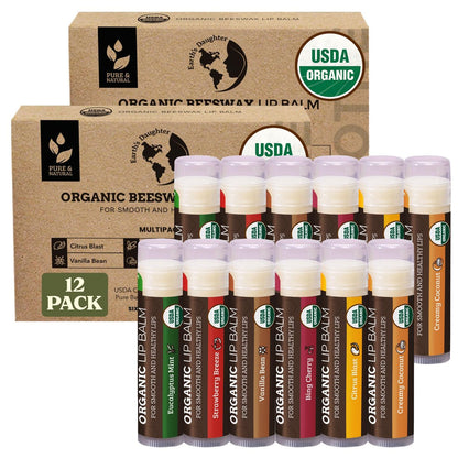 Earth's Daughter USDA Organic Lip Balm 12-Pack (2x 6-Packs) - Fruit Flavors, Beeswax, Coconut Oil, Vitamin E - Best Lip Repair Chapstick for Dry Cracked Lips - Moisturizing Lip Care Avelisse