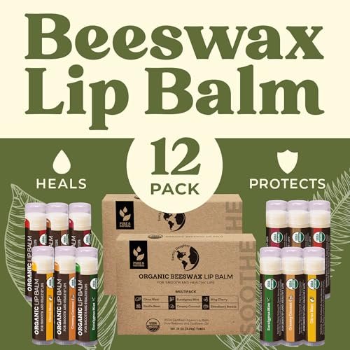 Earth's Daughter USDA Organic Lip Balm 12-Pack (2x 6-Packs) - Fruit Flavors, Beeswax, Coconut Oil, Vitamin E - Best Lip Repair Chapstick for Dry Cracked Lips - Moisturizing Lip Care Avelisse