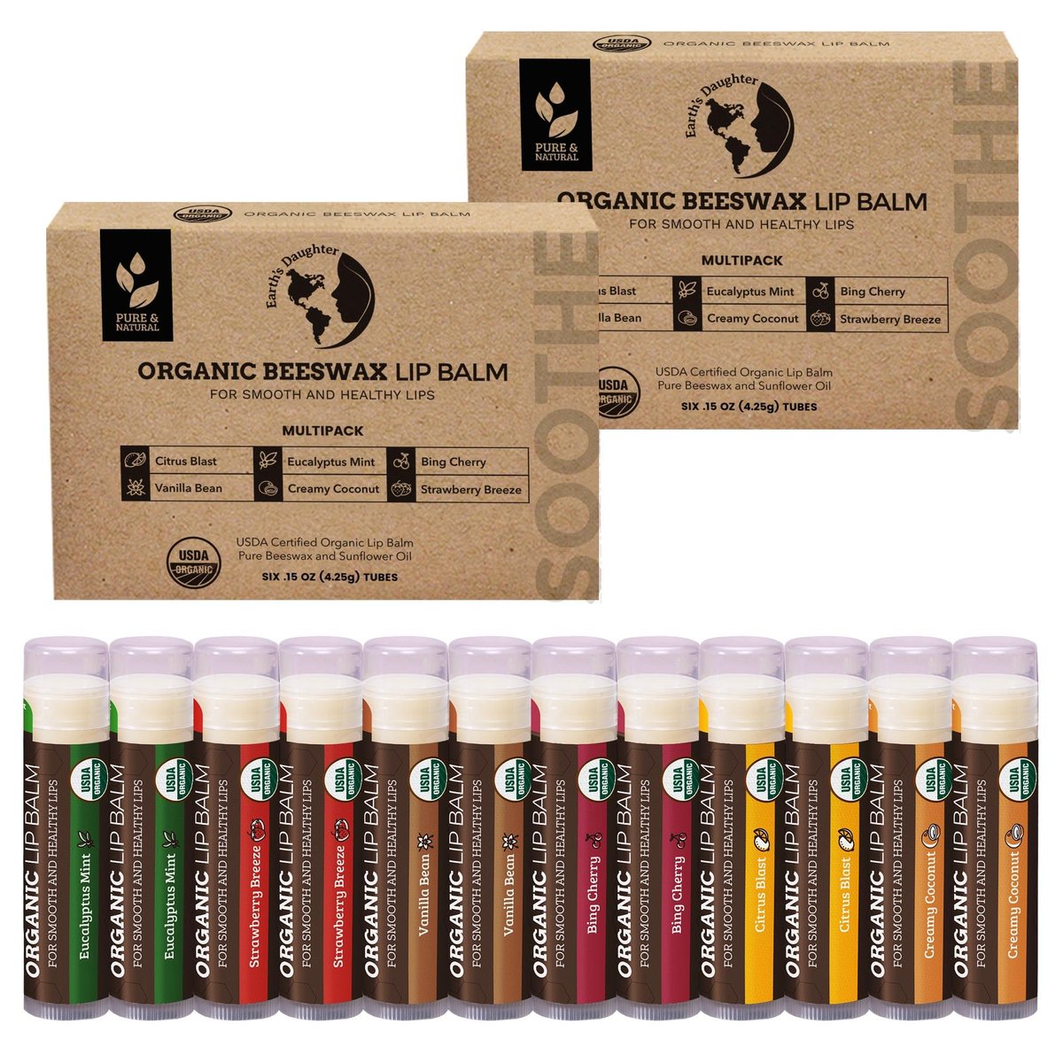 Earth's Daughter USDA Organic Lip Balm 12-Pack (2x 6-Packs) - Fruit Flavors, Beeswax, Coconut Oil, Vitamin E - Best Lip Repair Chapstick for Dry Cracked Lips - Moisturizing Lip Care Avelisse