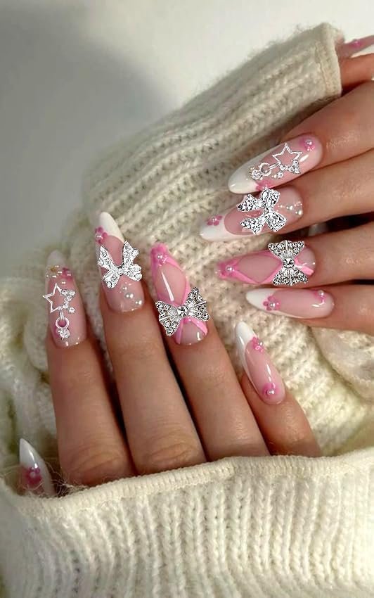 KACHIMOO 106 Pcs Nail Charms and Gems - Silver Nail Rhinestones 3D Butterfly, Bow, Star, Cherry, Cross, Dollar, Heart Shapes for Acrylic Nails (19 Styles) - görsel 7