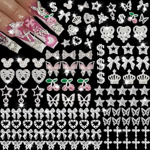 KACHIMOO 106 Pcs Nail Charms and Gems - Silver Nail Rhinestones 3D Butterfly, Bow, Star, Cherry, Cross, Dollar, Heart Shapes for Acrylic Nails (19 Styles) - görsel 2