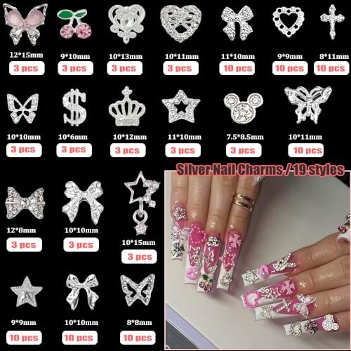 KACHIMOO 106 Pcs Nail Charms and Gems - Silver Nail Rhinestones 3D Butterfly, Bow, Star, Cherry, Cross, Dollar, Heart Shapes for Acrylic Nails (19 Styles) - görsel 4