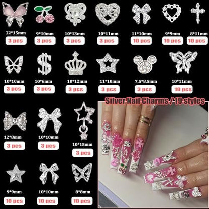 KACHIMOO 106 Pcs Nail Charms and Gems - Silver Nail Rhinestones 3D Butterfly, Bow, Star, Cherry, Cross, Dollar, Heart Shapes for Acrylic Nails (19 Styles)