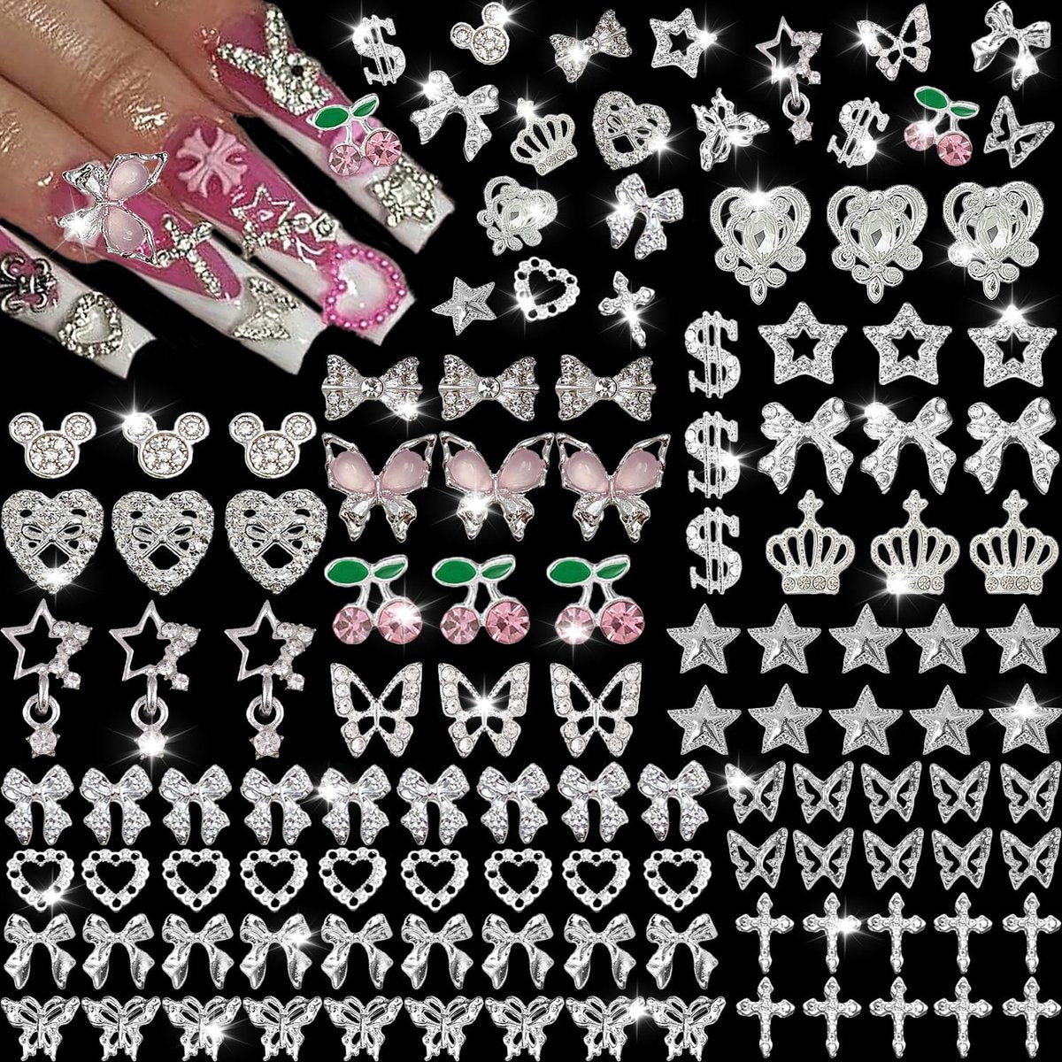 KACHIMOO 106 Pcs Nail Charms and Gems - Silver Nail Rhinestones 3D Butterfly, Bow, Star, Cherry, Cross, Dollar, Heart Shapes for Acrylic Nails (19 Styles) - görsel 1