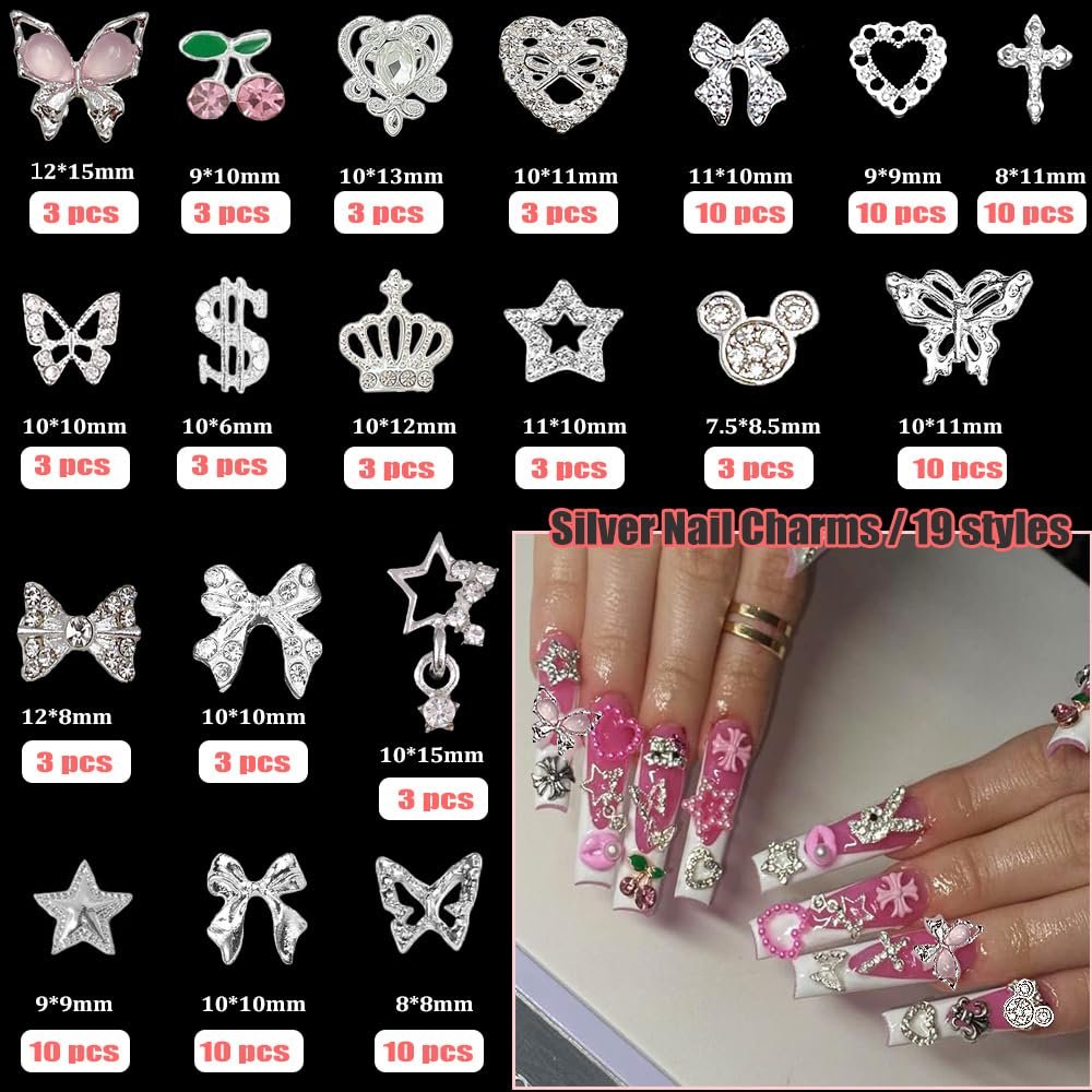 KACHIMOO 106 Pcs Nail Charms and Gems - Silver Nail Rhinestones 3D Butterfly, Bow, Star, Cherry, Cross, Dollar, Heart Shapes for Acrylic Nails (19 Styles) - görsel 3
