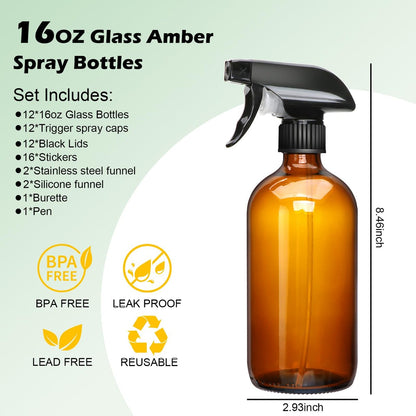 16oz Amber Glass Spray Bottles – 12-Pack Premium Glass Spray Bottles for Cleaning, Hair, Plants, and Aromatherapy Avelisse