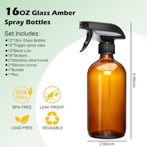 16oz Amber Glass Spray Bottles – 12-Pack Premium Glass Spray Bottles for Cleaning, Hair, Plants, and Aromatherapy Avelisse