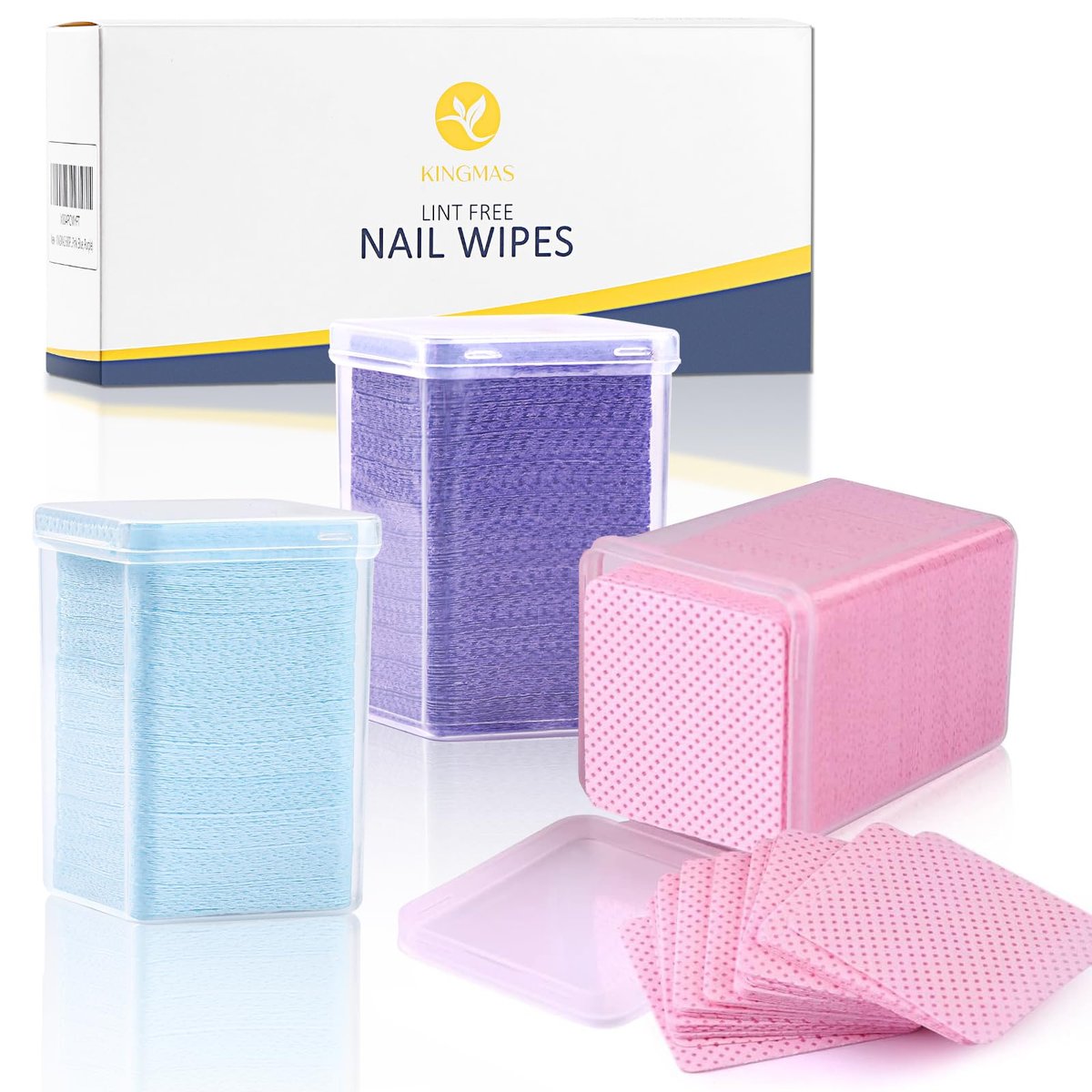 KINGMAS 600Pcs Lint Free Nail Wipes - Non-Woven Fabric Nail Polish Remover Cleaning Pads for Lash Extensions & Salon Use (Pink, Blue, Purple) - görsel 1