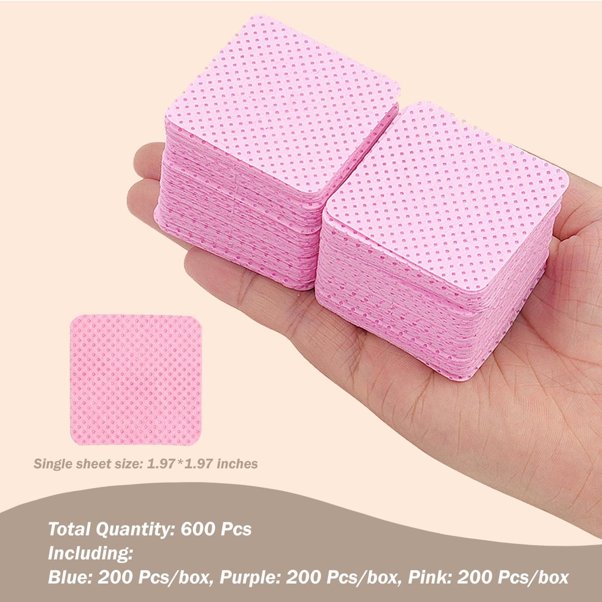 KINGMAS 600Pcs Lint Free Nail Wipes - Non-Woven Fabric Nail Polish Remover Cleaning Pads for Lash Extensions & Salon Use (Pink, Blue, Purple) - görsel 7